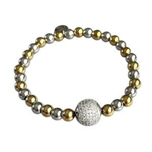 Rustic Cuff Gold and Silver Stainless Beads Pave Focal Bead Stretch Bracelet